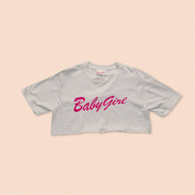 Load image into Gallery viewer, white short sleeve crop t-shirt with baby girl print in pink