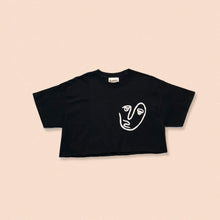 Load image into Gallery viewer, black short sleeve crop t-shirt with the face print in white