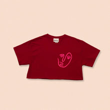 Load image into Gallery viewer, red short sleeve crop t-shirt with the face print in pink