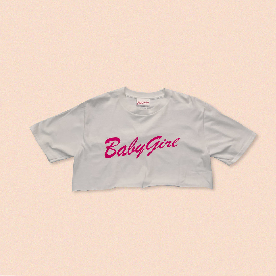 white short sleeve crop t-shirt with baby girl print in pink