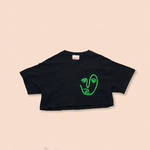 Load image into Gallery viewer, black short sleeve crop t-shirt with the face print in green
