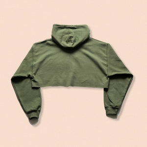 khaki crop hoody with the face print in white