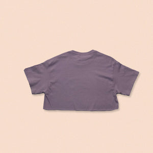 lilac short sleeve crop t-shirt with the face print in white