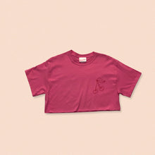 Load image into Gallery viewer, pink short sleeve crop t-shirt with cherry print in red
