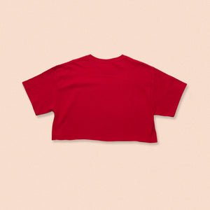 red short sleeve crop t-shirt with the face print in pink