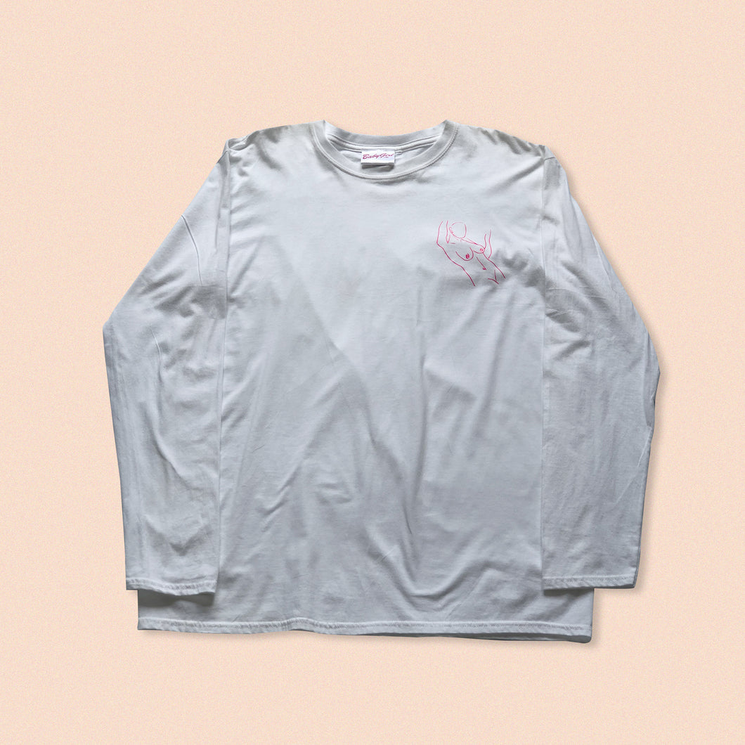 white long sleeve t-shirt with nude print in pink